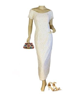 VINTAGE 1980'S HAND CRAFTED OFF WHITE SEQUINS OFF-THE-SHOULDER LACE DRESS (M)